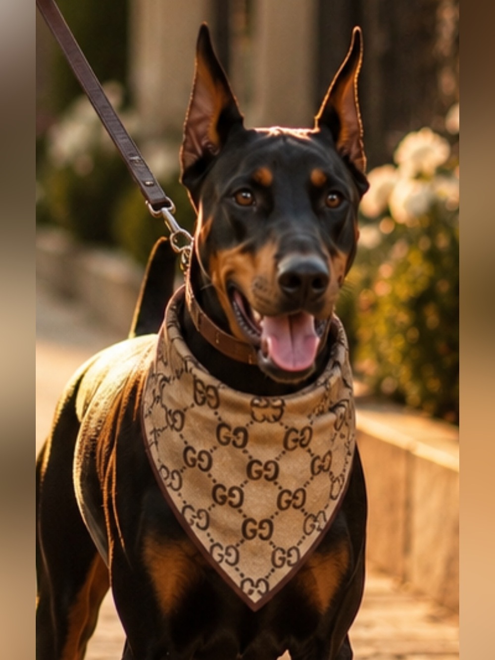 Hand Crafted Fashion Style Beige Dog Bandana with GG Pattern
